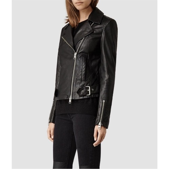 EUC AllSaints Ayers Slim Fit Leather Biker Moto Jacket Black, Size US 6 - Picture 2 of 10